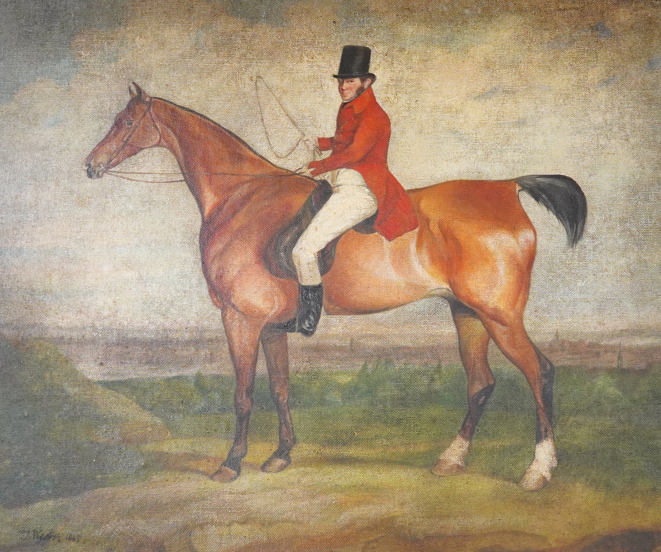 J. Weaver, naive oil on canvas board, Study of a huntsman on horseback, signed and bears date 1885, 44 x 53cm. Condition - fair, would benefit from a clean